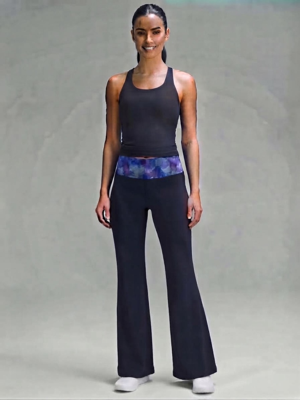 Mondetta  Boot-Cut Pants with Blue-Purple Patterned Waistband